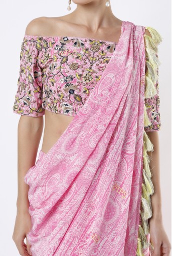 PS-SR0012-A  Pink PS Print Crepe Embroidered Choli And Pre Stitched Saree With Tassels