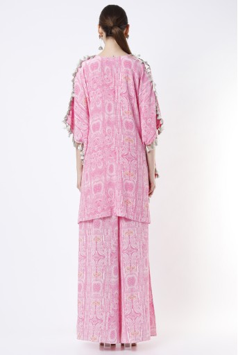PS-KP0088-B  Pink PS Print Crepe Embroidered Short Kaftan With Tassels Details And Palazzo