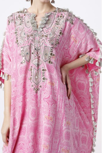 PS-KP0088-B  Pink PS Print Crepe Embroidered Short Kaftan With Tassels Details And Palazzo