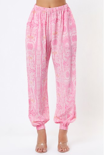 PS-JK0034-D  Pink PS Print Front Embroidered Crepe Long Blazer Jacket With Front Embroidered Crepe Camisole And Jogger Pants