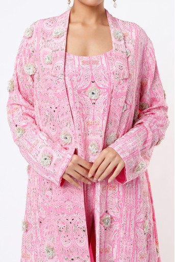 PS-JK0034-D  Pink PS Print Front Embroidered Crepe Long Blazer Jacket With Front Embroidered Crepe Camisole And Jogger Pants