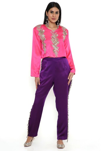 PS-PT0034-A  Pink Satin Embroidered Top With Hot Purple Satin Pant
