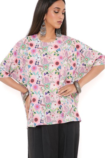 PS-TUA0041-CC  Pink Spring Floral Garden Print Art Crepe Short Maya Tunic