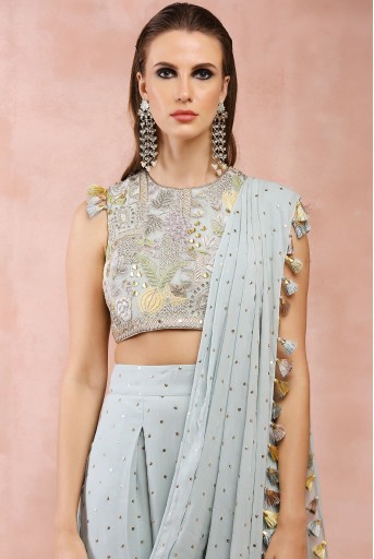 PS-TL0026-A  Powder Blue Applique Embroidered Choli And Low Crotch Pant With Attached Drape