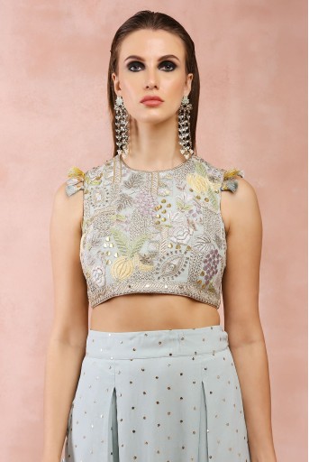 PS-TL0026-A  Powder Blue Applique Embroidered Choli And Low Crotch Pant With Attached Drape