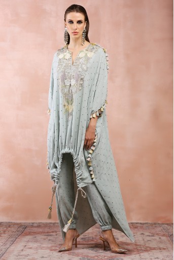PS-KP0274  Powder Blue Applique Embroidered High Low Kurta With Jogger Pant
