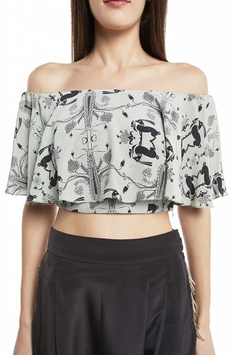 PS-FW425-W  Powder Blue Colour Printed Crepe Off Shoulder Ruffle Top with Black Colour Silk Low Crotch Pant