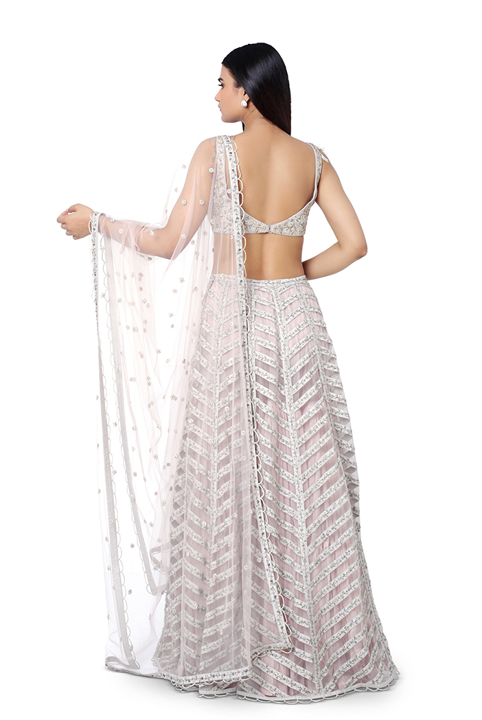 Silver and Pink Colored Partywear Designer Embroidered Net with silk Lehenga  Choli - Mishree Trendz - 3506481