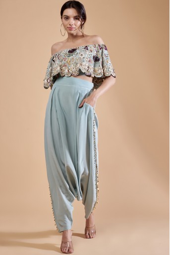 PS-TL0021-B  Powder Blue Crepe Embroidered Off Shoulder Top With Low Crotch Pant