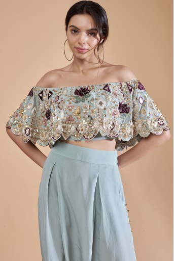 PS-TL0021-B  Powder Blue Crepe Embroidered Off Shoulder Top With Low Crotch Pant