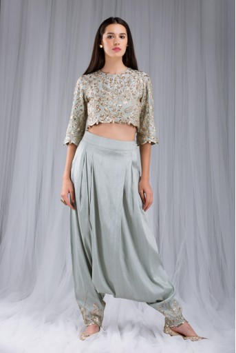 PS-ST0992 Powder Blue Dupion Silk Crop Top with Low Crotch Pant