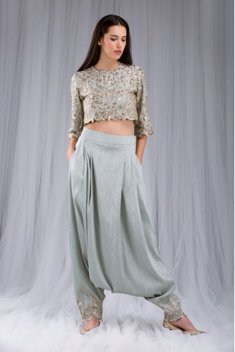 PS-ST0992 Powder Blue Dupion Silk Crop Top with Low Crotch Pant