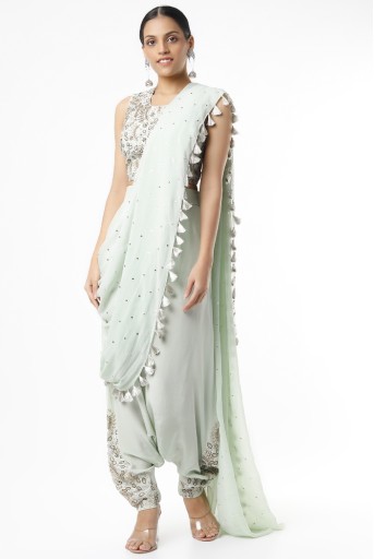 PS-TL0008-A  Powder Blue Embroidered Crepe Choli And Low Crotch Pants With Attached Dot Mukaish Georgette Drape