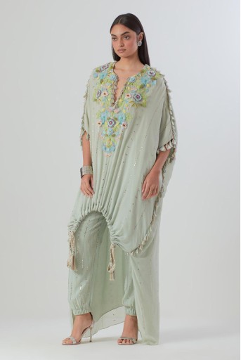 PS-KP0317  Powder Blue Embroidered High Low Kurta And Jogger Pant