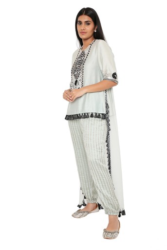 PS-FW697-B  Powder Blue Embroidered Silk High Low Kurta With Stripe Chanderi Jogger Pant
