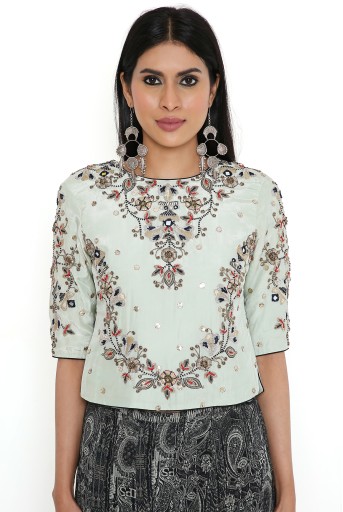 PS-CS0009-B  Powder Blue Mukaish Abutai Silk Embroidered Choli With Black & White Ps Print Crepe Sharara