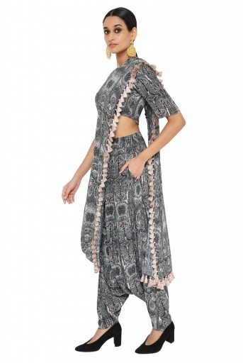 PS-ST1188-FFF Gulnaz Printed Crepe Blouse And Low Crotch Pants With Attached Drape