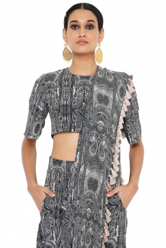PS-ST1188-FFF Gulnaz Printed Crepe Blouse And Low Crotch Pants With Attached Drape
