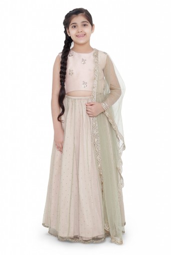 PS-KG0076  PS Kids Blush Colour Silk Embroidered Choli with Mint Colour Mukaish Net and Blush Colour Silk Lehenga with Mint Colour Net Dupatta for Girls