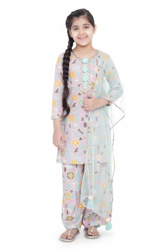 PS-KG0072- A  PS Kids Lavender Colour Printed Cotton Kurta with Palazzo and Aqua Colour Net Dupatta for Girls