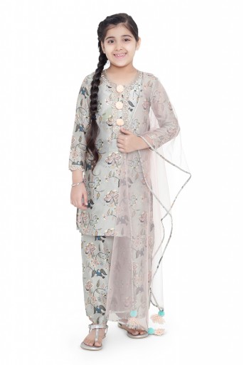 PS-KG0072- C  PS Kids Mint Colour Printed Cotton Kurta with Palazzo and Blush Colour Net Dupatta for Girls