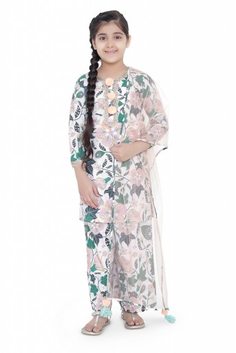 PS-KG0072- B  PS Kids White Colour Printed Cotton Kurta with Palazzo and Blush Colour Net Dupatta for Girls