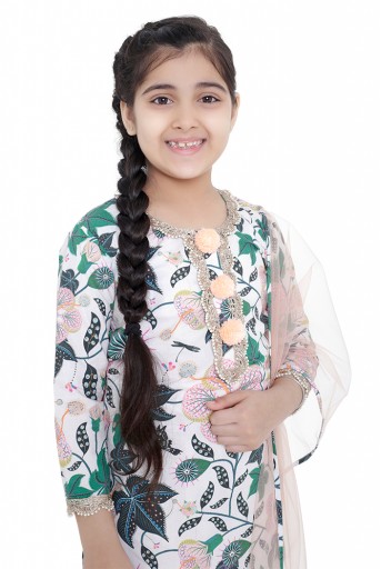 PS-KG0072- B  PS Kids White Colour Printed Cotton Kurta with Palazzo and Blush Colour Net Dupatta for Girls