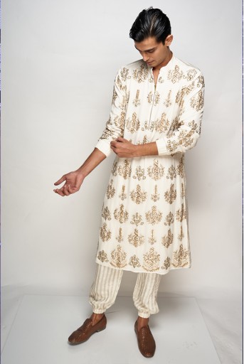PS-MN331  PS Men Adil Off White Colour Embroidered Kurta with Jogger Pants