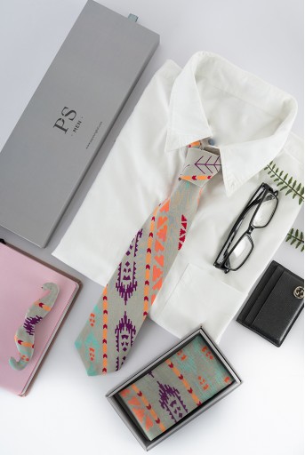 PS-TPM002  PS Men Grey Ikat Stripe Print Crepe Tie with Matching Moustache Pin/Broach and Silkmul Pocket Square (Set of 3)