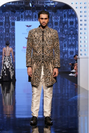 PS-MN330  PS Men Kabir Black Colour Embroidered Sherwani with Off White Colour Pants