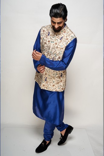 PS-MN328  PS Men Raza Cream Colour Georgette Embroidered Bandi With Cobalt Blue Colour Kurta and Churidar