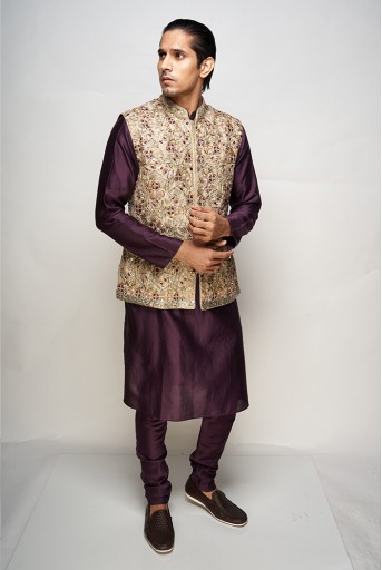 PS-MN321-1  PS Men Sikander Olive Colour Embroidered Bandi With Purple Colour Kurta and Churidar