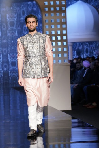 PS-MN326  PS Men Zafar Printed Dupion Silk Embroidered Bandi With Rose Pink Colour Kurta and Off White Colour Breaches Pants