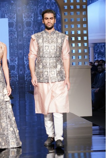 PS-MN326  PS Men Zafar Printed Dupion Silk Embroidered Bandi With Rose Pink Colour Kurta and Off White Colour Breaches Pants