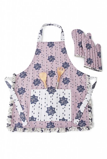 PS-AM0003  Purple and Grey Colour Printed Canvas Apron with Mittens and Pouch Set in Gift Box