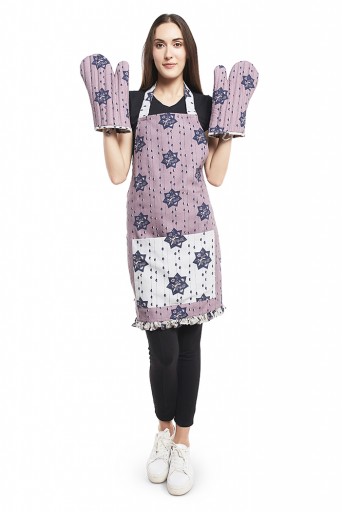 PS-AM0003  Purple and Grey Colour Printed Canvas Apron with Mittens and Pouch Set in Gift Box