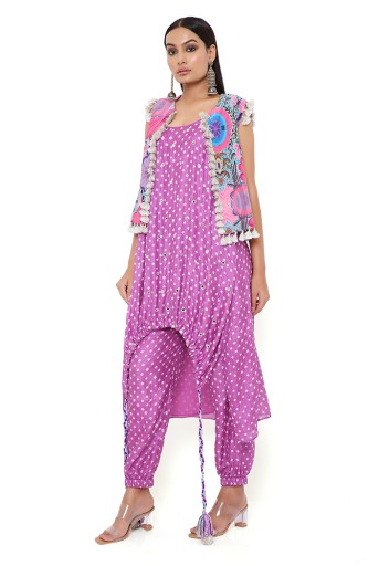 PS-JK0061  Purple Bandhani Silk Embroidered High Low Kurta And Jogger Pant With Pink Enchanted Print Crepe Jacket