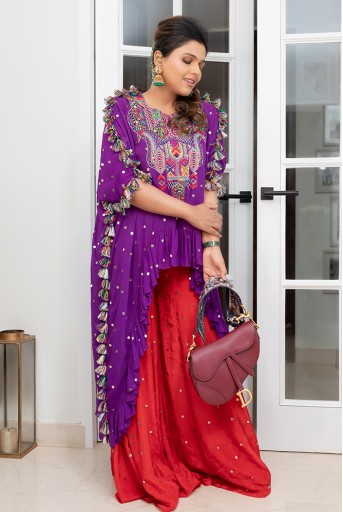 PS-TS0011-A  Purple Colour Georgette Yoke Embroidered Frill Kaftan With Red Colour Silk Sharara