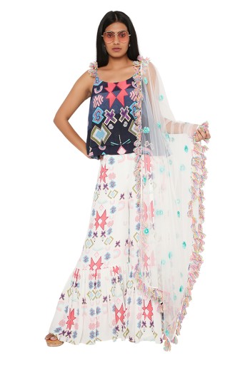 PS-TS0009  Purple Crepe Two-Layer Top With White One-Layer Sharara and Embroidered Net Dupatta
