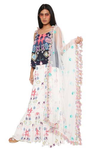 PS-TS0009  Purple Crepe Two-Layer Top With White One-Layer Sharara and Embroidered Net Dupatta