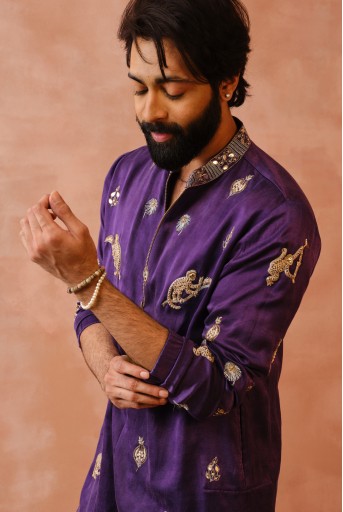 PS-MN435  Purple Embroidered Bomber Kurta With Jogger Pant