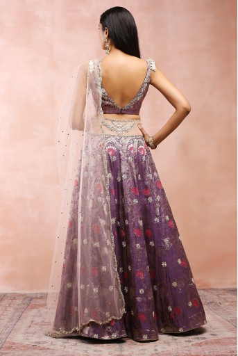 PS-LH0148  Purple Embroidered Choli And Lehenga With Rose Pink Dupatta