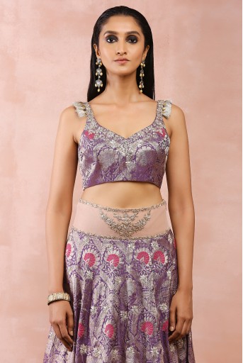 PS-LH0148  Purple Embroidered Choli And Lehenga With Rose Pink Dupatta