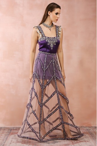 PS-DR0042  Purple Embroidered Dress With Skirt