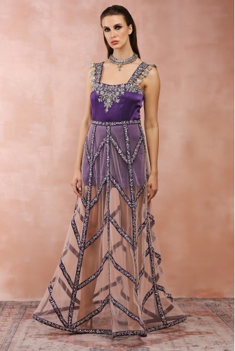 PS-DR0042  Purple Embroidered Dress With Skirt