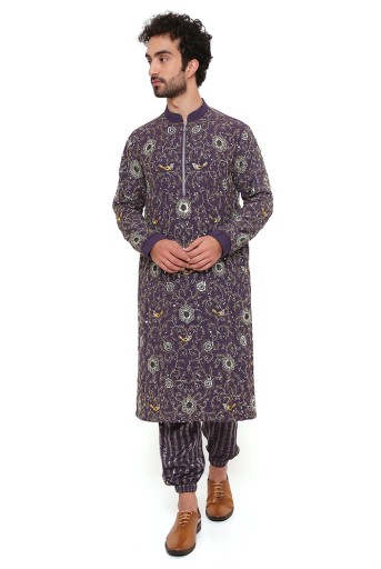 PS-MN329-B  Purple Georgette And Chanderi Stripe Front Embroidered Bomber Kurta With Chanderi Stripe Jogger Pant