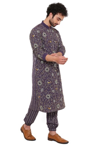 PS-MN329-B  Purple Georgette And Chanderi Stripe Front Embroidered Bomber Kurta With Chanderi Stripe Jogger Pant