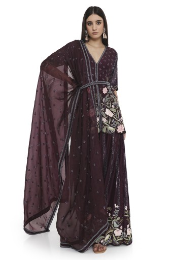 PS-KP0346  Purple Embroidered Kurta With Palazzo And Embroidered Belt With Embroidered Dupatta