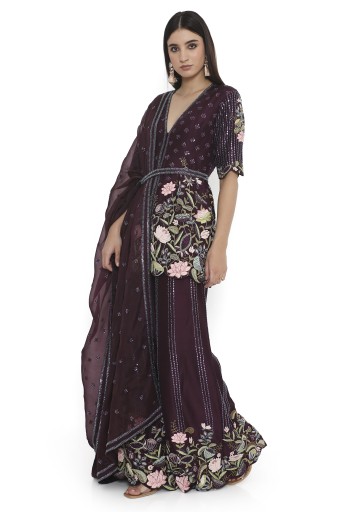 PS-KP0346  Purple Embroidered Kurta With Palazzo And Embroidered Belt With Embroidered Dupatta