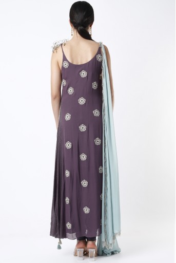 PS-ST1280  Purple Georgette Embroidered Anarkali With Powder Blue Attached Dupatta Worn With Purple Soft Net Churidar